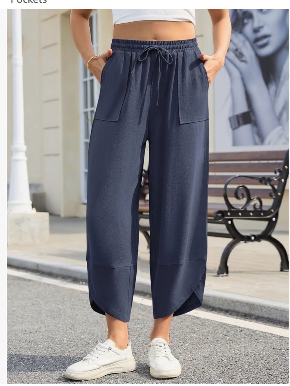 Women's Navy Blue Cropped Wide-Leg Drawstring Pants- Never Worn